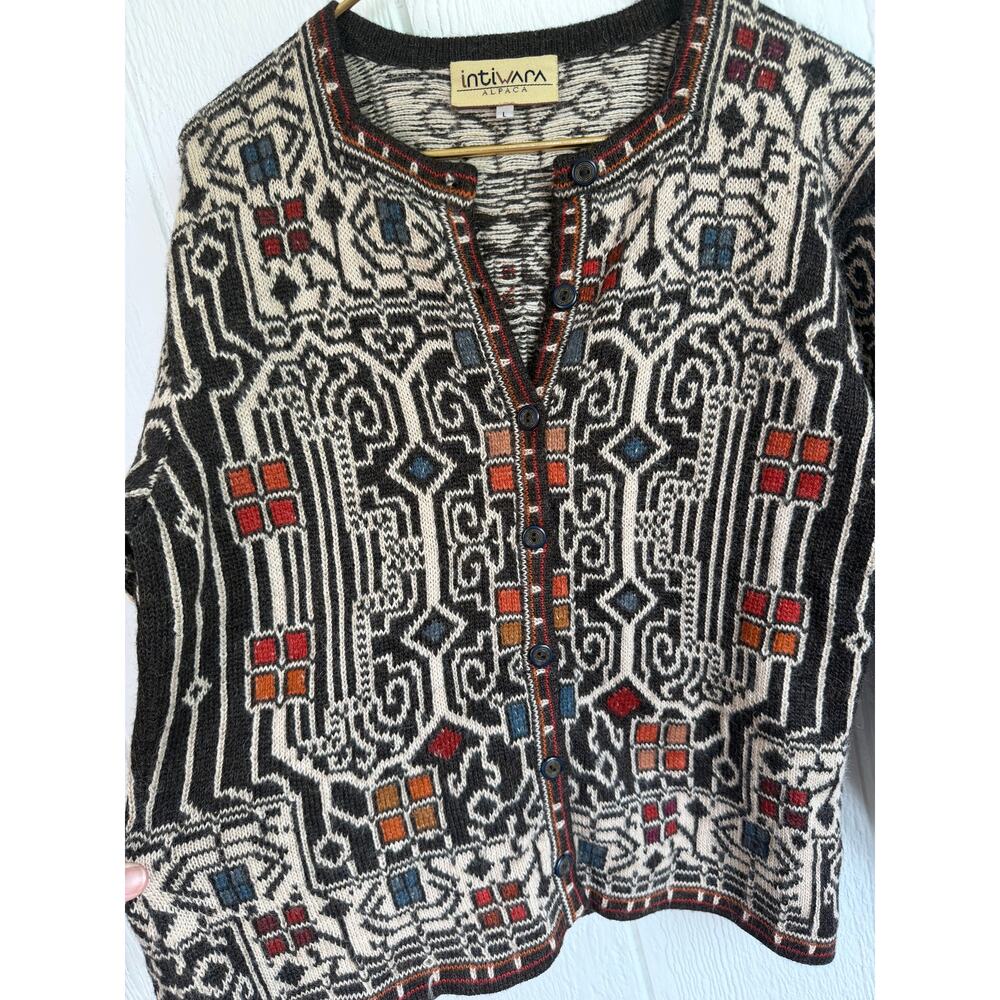 Vintage Intiwara Alpaca Wool Handmade Cardigan Sweater Print Large - Picture 3 of 7
